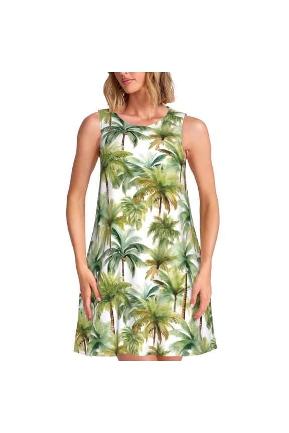 Green Hawaii Palms Pattern Women's Summer Dresses 2025 Beach Casual Sleeveless Tank Loose Sundress Beach Vacation Clothes with Pocket -3X-Large