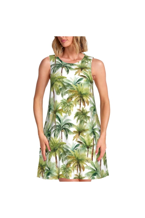 Green Hawaii Palms Pattern Women's Summer Dresses 2025 Beach Casual Sleeveless Tank Loose Sundress Beach Vacation Clothes with Pocket -X-Large