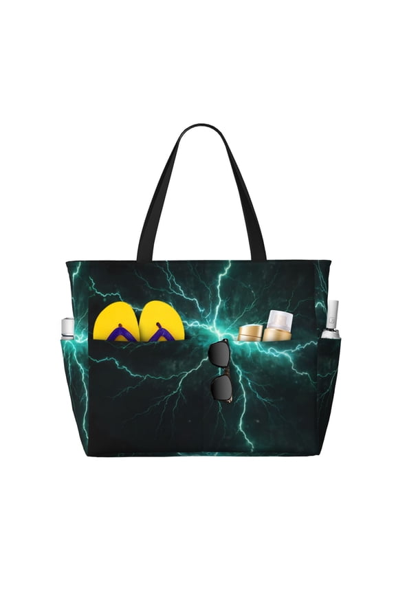 Green Lightning Flash Pattern Beach Bag for Women - Large Beach Tote Bag Waterproof Sandproof Swim Pool Bag Everyday Bag Handbags with Zipper