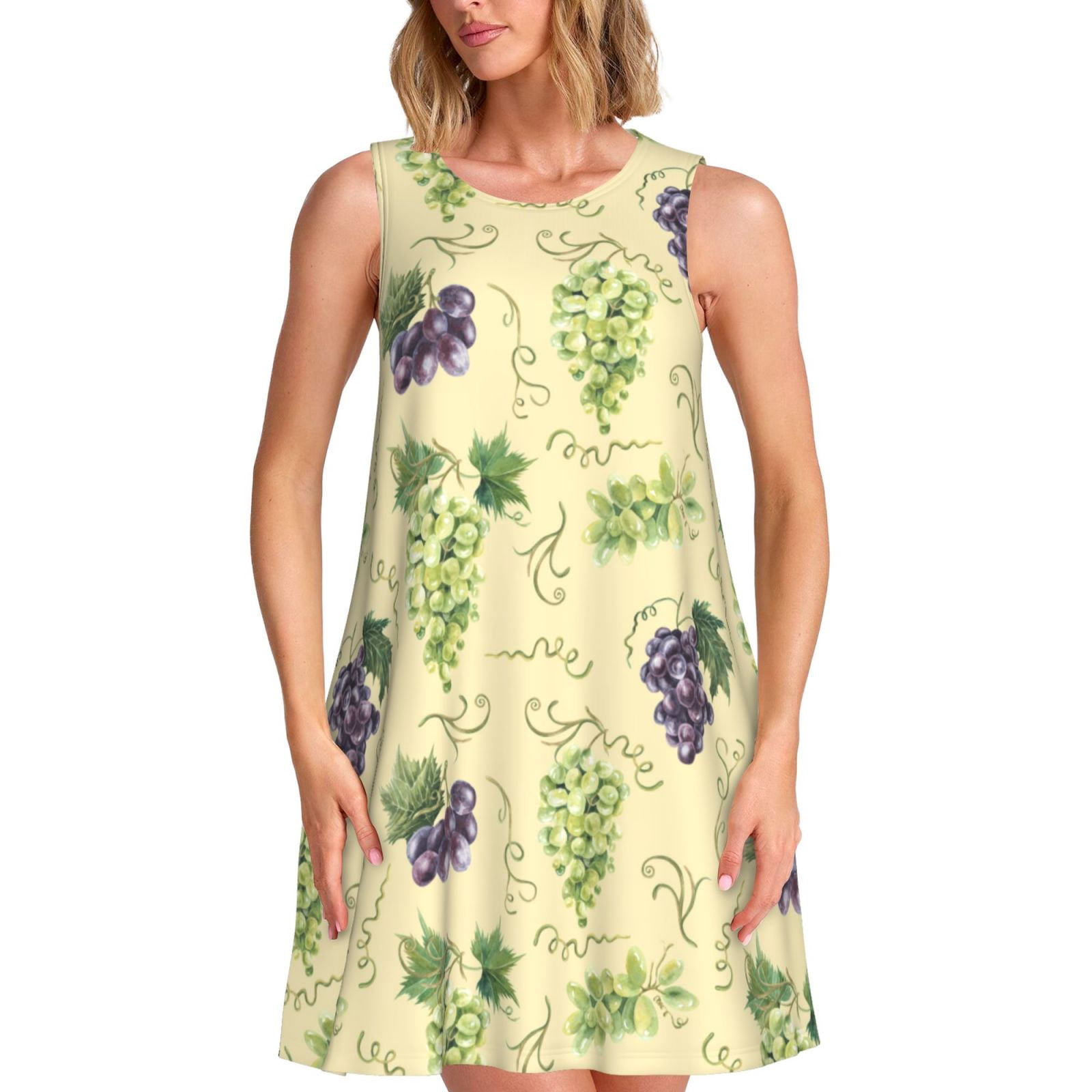 VTG BLUE WHITE ORANGE GRAPE SLEEVELESS MINI SUMMER BEACH HOLIDAY DRESS S 8