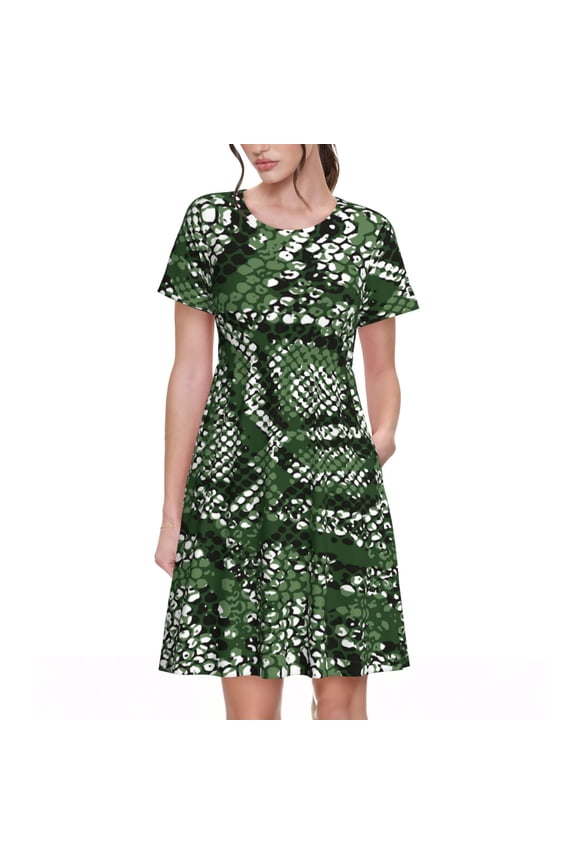 Green Snakeskin Pattern Womens Summer Dresses Short Sleeve Sundress 2025 Beach Vacation Dresses with Pockets -X-Large