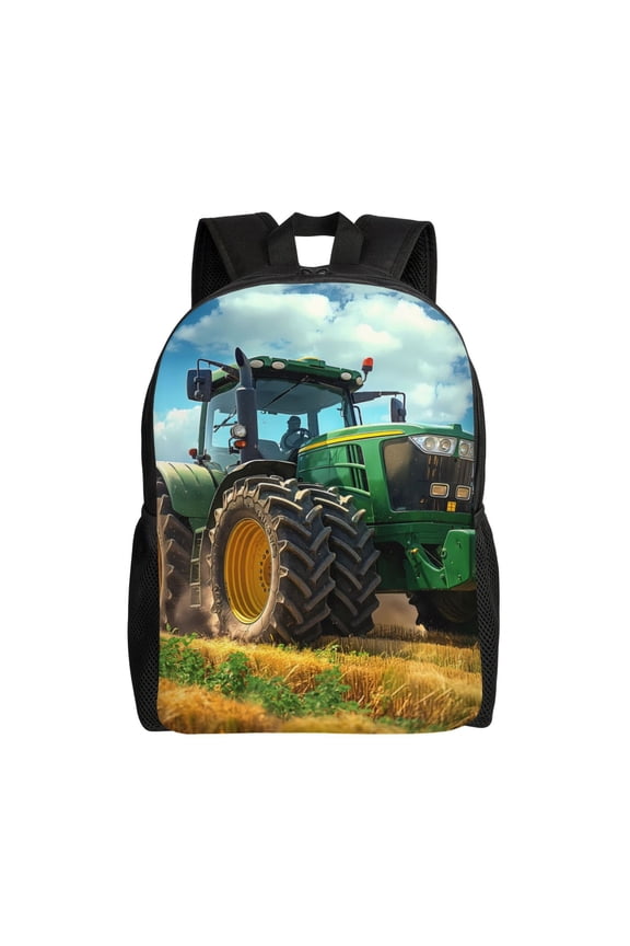 Green Tractor Field Print Backpack -Travel,or Work Bookbag Daypacks with 15-Inch Laptop Sleeve and Dual Water Bottle Pockets