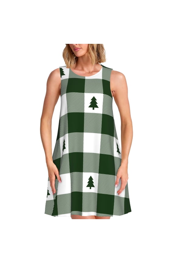 Green White Lumberjack Plaid Pattern Women's Summer Dresses 2025 Beach Casual Sleeveless Tank Loose Sundress Beach Vacation Clothes with Pocket -Large