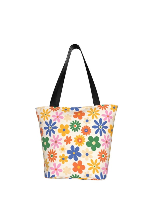 Groovy Daisy Flowers Print Tote Bag for Women,Shoulder Bag with Zipper Casual Tote's Handbag Big Capacity Shoulder Bag with Inner Pocket Fit for Shopping,Office,Travel