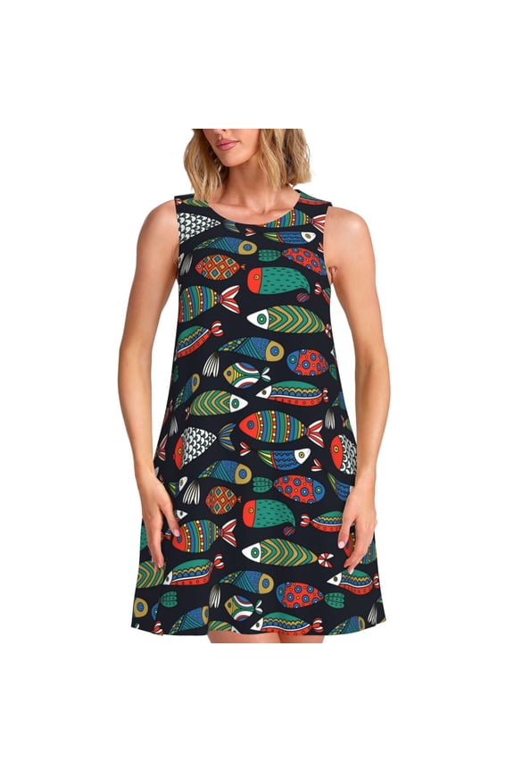 Hand Drawn Colorful Fishes Pattern Women's Summer Dresses 2025 Beach Casual Sleeveless Tank Loose Sundress Beach Vacation Clothes with Pocket -Medium