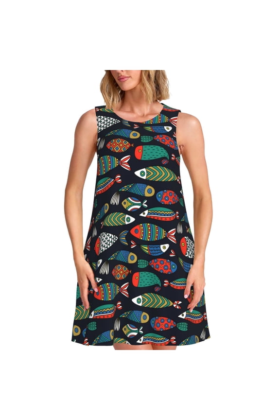 Hand Drawn Colorful Fishes Pattern Women's Summer Dresses 2025 Beach Casual Sleeveless Tank Loose Sundress Beach Vacation Clothes with Pocket -X-Large