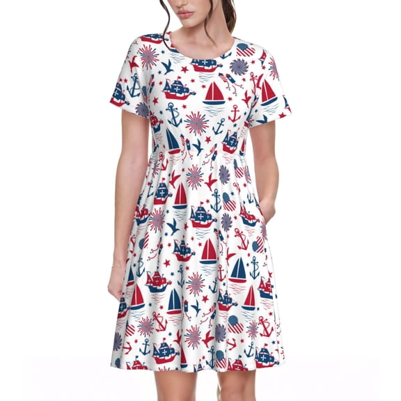 Defioc Happy Columbus Day Pattern Womens Summer Dresses Short Sleeve Sundress 2025 Beach Vacation Dresses with Pockets -Small