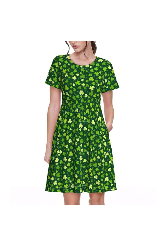 Happy St. Patrick's day Pattern Womens Summer Dresses Short Sleeve Sundress 2025 Beach Vacation Dresses with Pockets -XX-Large