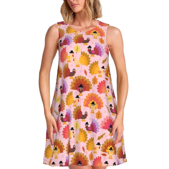 Defioc Happy Thanksgiving Turkey Pattern Women's Summer Dresses 2025 Beach Casual Sleeveless Tank Loose Sundress Beach Vacation Clothes with Pocket -3X-Large