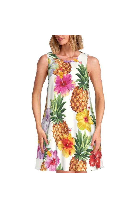 Hawaiian Pineappl Pattern Women's Summer Dresses 2025 Beach Casual Sleeveless Tank Loose Sundress Beach Vacation Clothes with Pocket -3X-Large
