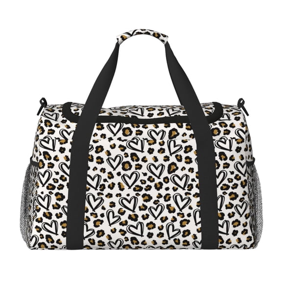 Defioc Heart Leopard Print Hand Travel Bag - Foldable Travel Duffel Bags for Men Women -Sport Gym Bag - Overnight Travel Duffel Bag - Adjustable Shoulder Strap