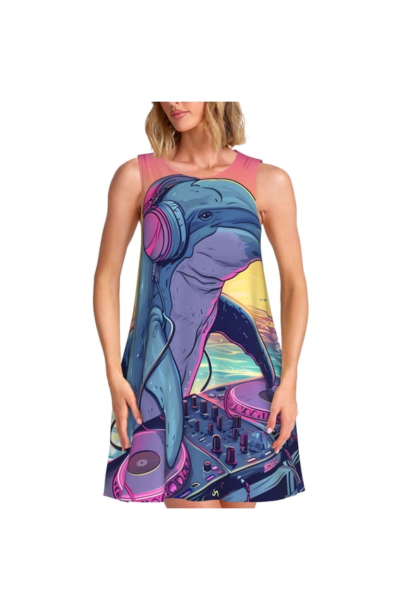 Hip-Hop DJ Dolphin Pattern Women's Summer Dresses 2025 Beach Casual Sleeveless Tank Loose Sundress Beach Vacation Clothes with Pocket -X-Large