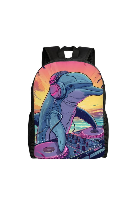 Hip-Hop DJ Dolphin Print Backpack -Travel,or Work Bookbag Daypacks with 15-Inch Laptop Sleeve and Dual Water Bottle Pockets