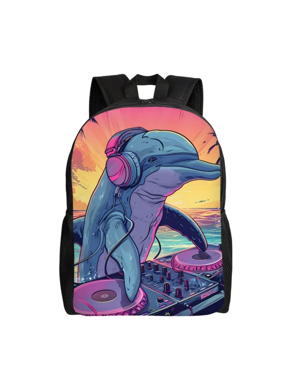 Hip-Hop DJ Dolphin Print Backpack -Travel,or Work Bookbag Daypacks with 15-Inch Laptop Sleeve and Dual Water Bottle Pockets