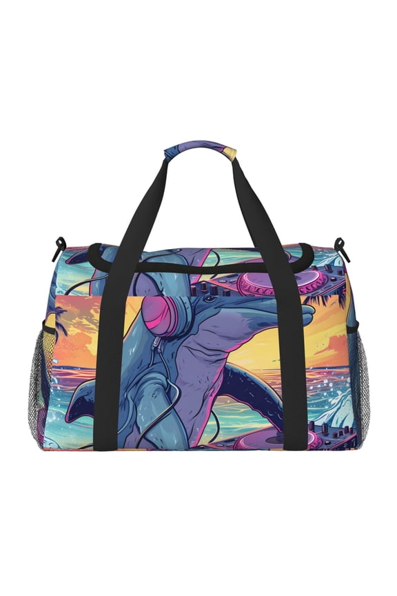 Hip-Hop DJ Dolphin Print Hand Travel Bag - Foldable Travel Duffel Bags for Men Women -Sport Gym Bag - Overnight Travel Duffel Bag - Adjustable Shoulder Strap