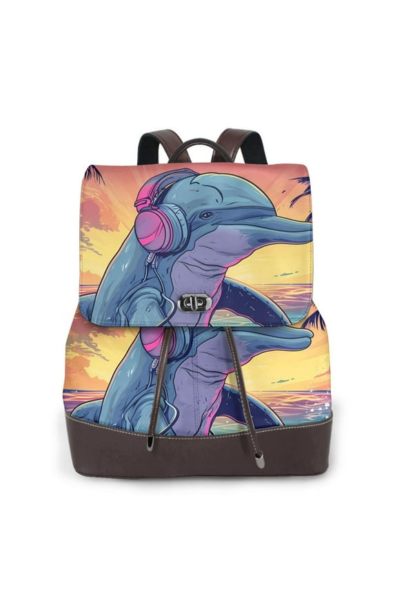 Hip-Hop DJ Dolphin Print PU Leather Backpack,Backpack Purse for Women Fashion Multipurpose Design Handbag Ladies Bags Travel Backpack
