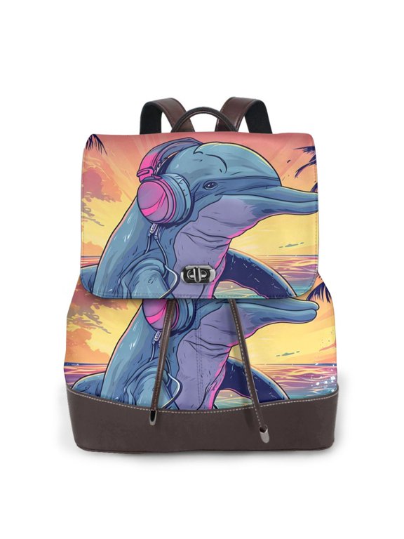 Hip-Hop DJ Dolphin Print PU Leather Backpack,Backpack Purse for Women Fashion Multipurpose Design Handbag Ladies Bags Travel Backpack