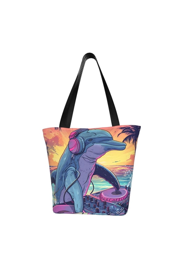 Hip-Hop DJ Dolphin Print Tote Bag for Women,Shoulder Bag with Zipper Casual Tote's Handbag Big Capacity Shoulder Bag with Inner Pocket Fit for Shopping,Office,Travel