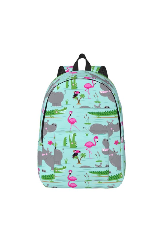 Hippo With Flamingos And Crocodiles for Canvas Backpack,Travel Rucksack Unisex Knapsack Laptop Backpack for Work & College -Medium