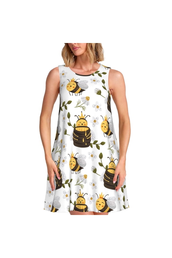 Honey Bee Insect Pattern Women's Summer Dresses 2025 Beach Casual Sleeveless Tank Loose Sundress Beach Vacation Clothes with Pocket -3X-Large