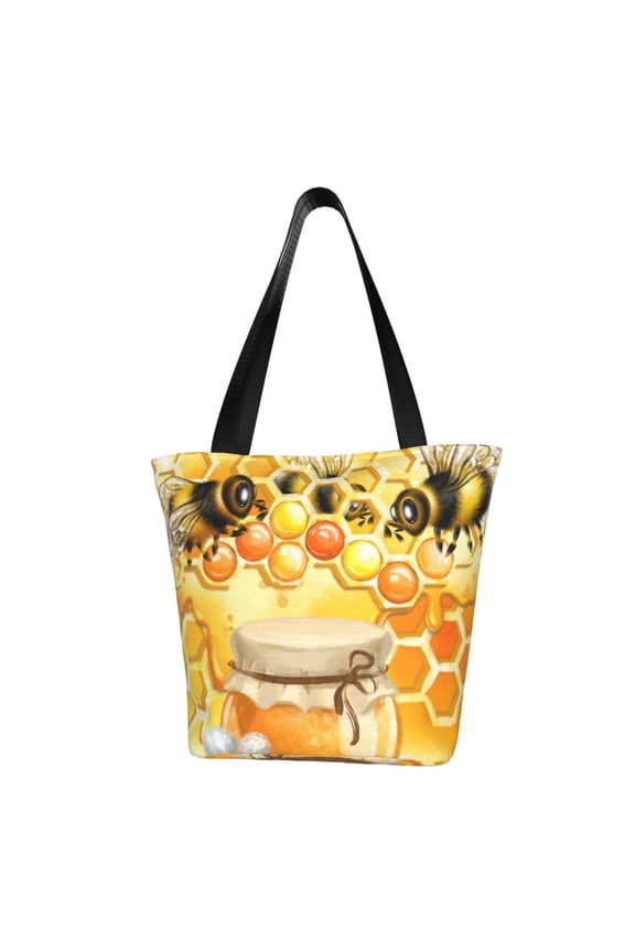 Honey Bee Print Tote Bag for Women,Shoulder Bag with Zipper Casual Tote's Handbag Big Capacity Shoulder Bag with Inner Pocket Fit for Shopping,Office,Travel
