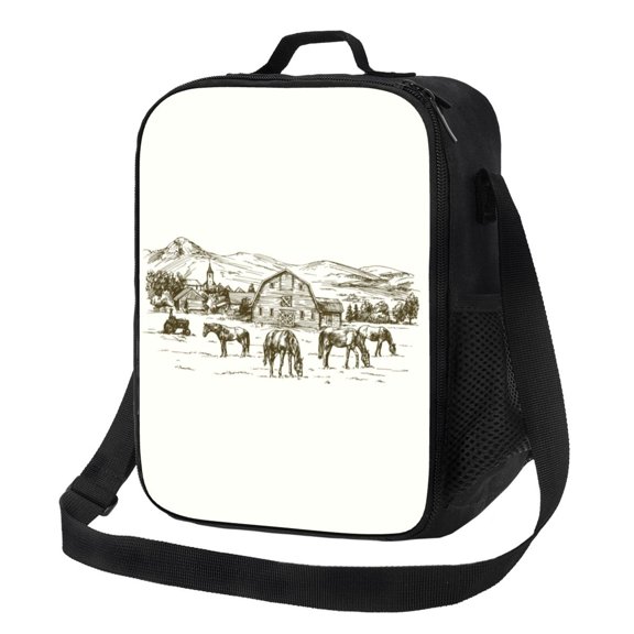 Defioc Horses Grazing On Meadow Print Lunch Box for Men & Women, Insulated Lunch Bag Thickened Thermal Leakproof Lunch Tote Bag for Adult Office Travel Picnic