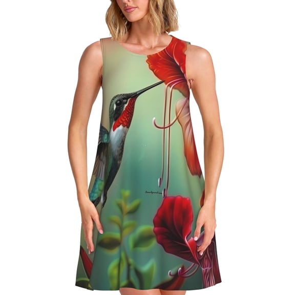 Defioc Hummingbird Floral Paradise Pattern Women's Summer Dresses 2025 Beach Casual Sleeveless Tank Loose Sundress Beach Vacation Clothes with Pocket -XX-Large