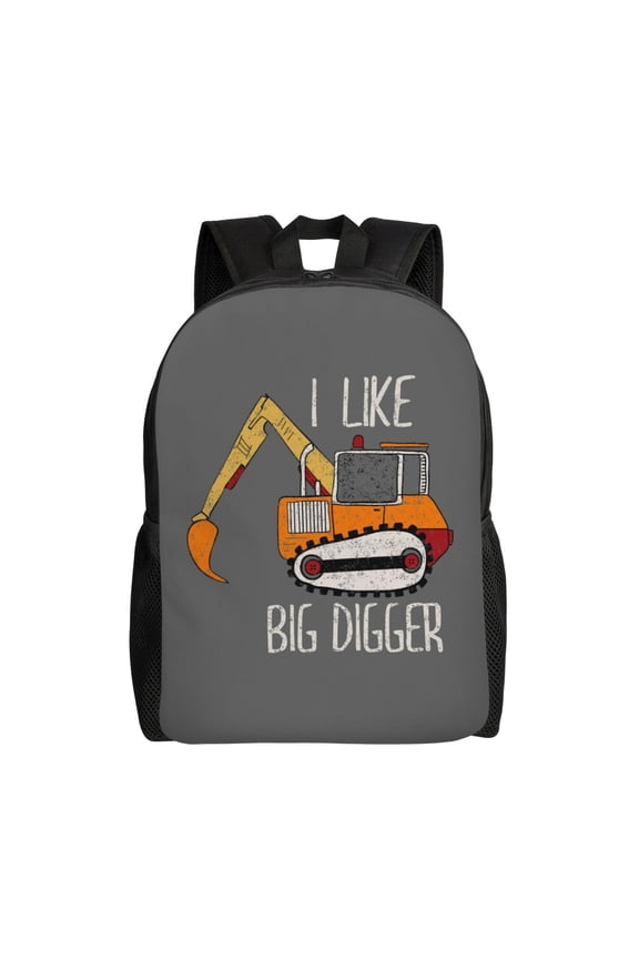 I Like Big Digger Print Backpack -Travel,or Work Bookbag Daypacks with 15-Inch Laptop Sleeve and Dual Water Bottle Pockets
