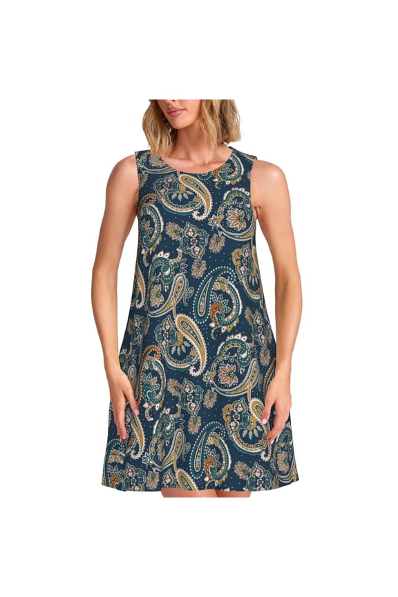 Indian Paisley 2 Pattern Women's Summer Dresses 2025 Beach Casual Sleeveless Tank Loose Sundress Beach Vacation Clothes with Pocket -Large