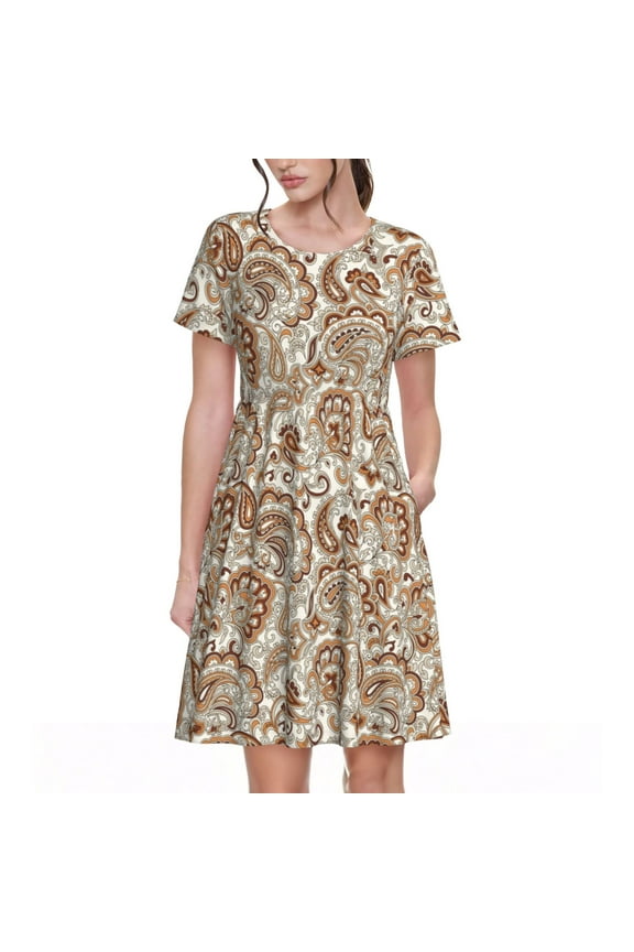 Indian Paisley1 Pattern Womens Summer Dresses Short Sleeve Sundress 2025 Beach Vacation Dresses with Pockets -Small