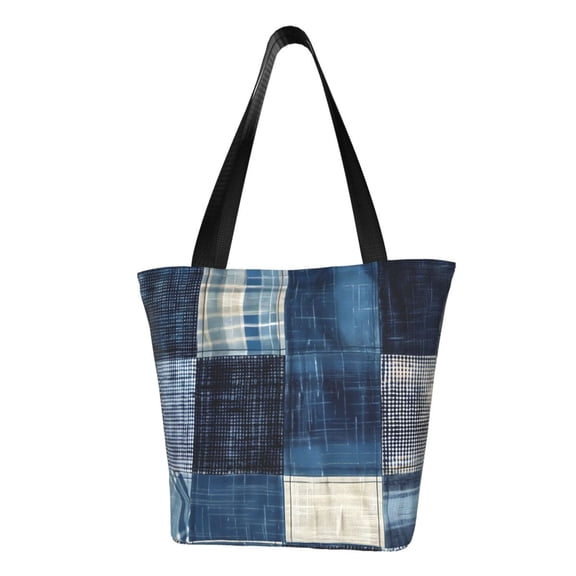 Defioc Indigo Patchwork Quilt Print Tote Bag for Women,Shoulder Bag with Zipper Casual Tote's Handbag Big Capacity Shoulder Bag with Inner Pocket Fit for Shopping,Office,Travel