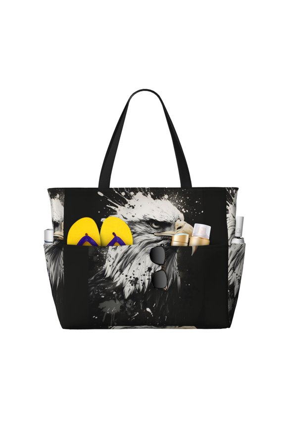 Ink Style Bald Eagle Pattern Beach Bag for Women - Large Beach Tote Bag Waterproof Sandproof Swim Pool Bag Everyday Bag Handbags with Zipper