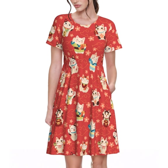 Defioc Japanese Maneki Cats Pattern Womens Summer Dresses Short Sleeve Sundress 2025 Beach Vacation Dresses with Pockets -X-Large
