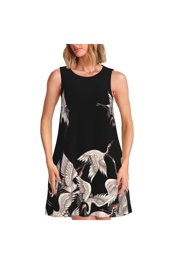 Japanese White Crane Pattern Women's Summer Dresses 2025 Beach Casual Sleeveless Tank Loose Sundress Beach Vacation Clothes with Pocket -Small