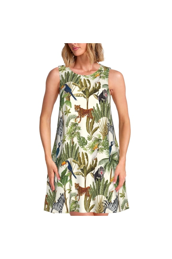 Jungle Animals Pattern Women's Summer Dresses 2025 Beach Casual Sleeveless Tank Loose Sundress Beach Vacation Clothes with Pocket -XX-Large