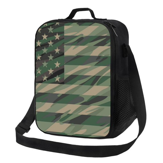 Defioc Jungle Green Camo USA Flag Print Lunch Box for Men & Women, Insulated Lunch Bag Thickened Thermal Leakproof Lunch Tote Bag for Adult Office Travel Picnic