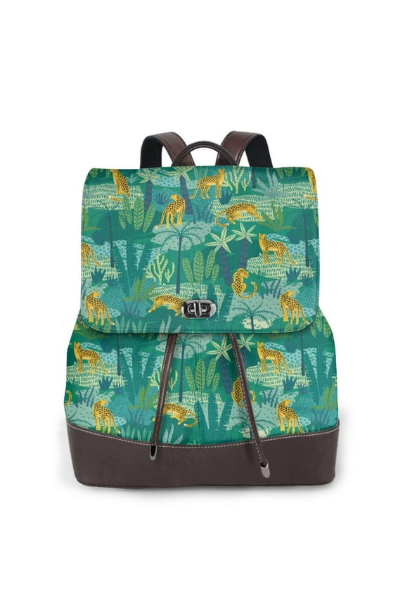 Jungle Leopard Print PU Leather Backpack,Backpack Purse for Women Fashion Multipurpose Design Handbag Ladies Bags Travel Backpack