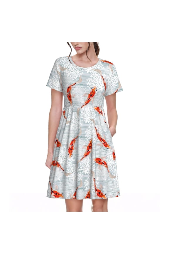 Koi Fish Corals,Spring Summer Pattern Womens Summer Dresses Short Sleeve Sundress 2025 Beach Vacation Dresses with Pockets -Medium