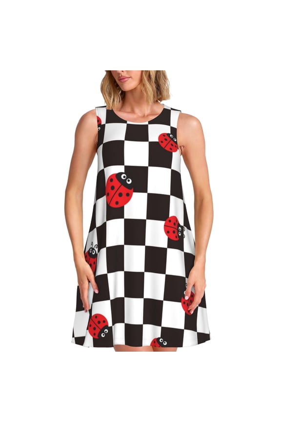 Ladybugs Of Black And White Checkers Pattern Women's Summer Dresses 2025 Beach Casual Sleeveless Tank Loose Sundress Beach Vacation Clothes with Pocket -3X-Large
