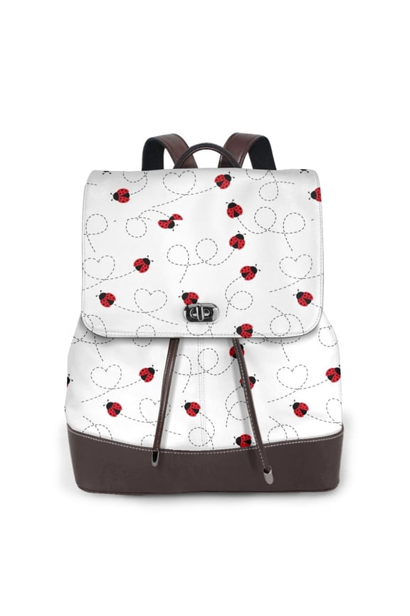 Ladybugs Flying On Dotted Route Print PU Leather Backpack,Backpack Purse for Women Fashion Multipurpose Design Handbag Ladies Bags Travel Backpack
