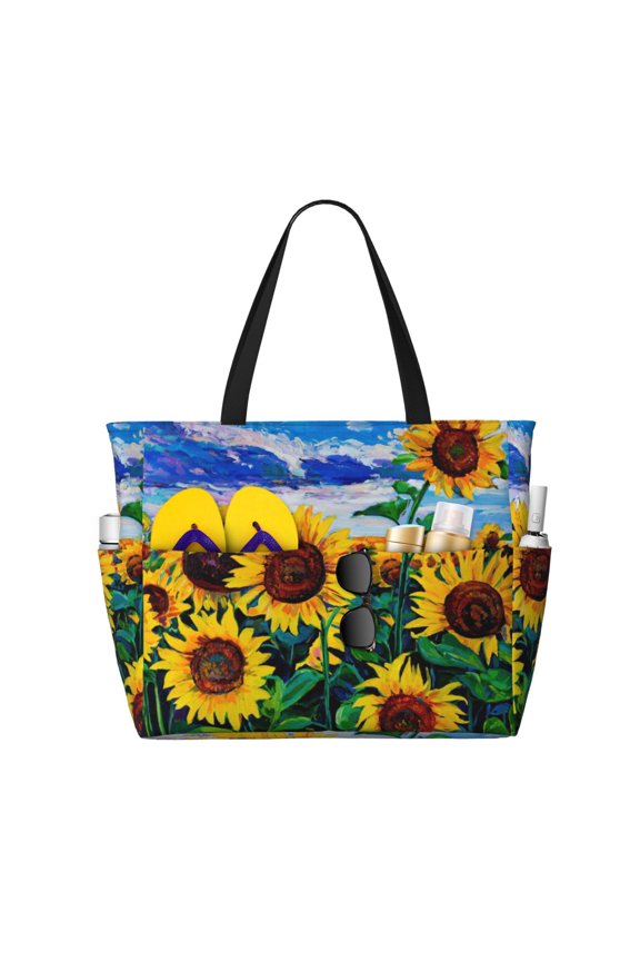 Landscape With Sunflowers Pattern Beach Bag for Women - Large Beach Tote Bag Waterproof Sandproof Swim Pool Bag Everyday Bag Handbags with Zipper