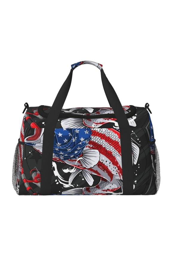 Largemouth Bass Fish in USA Print Hand Travel Bag - Foldable Travel Duffel Bags for Men Women -Sport Gym Bag - Overnight Travel Duffel Bag - Adjustable Shoulder Strap