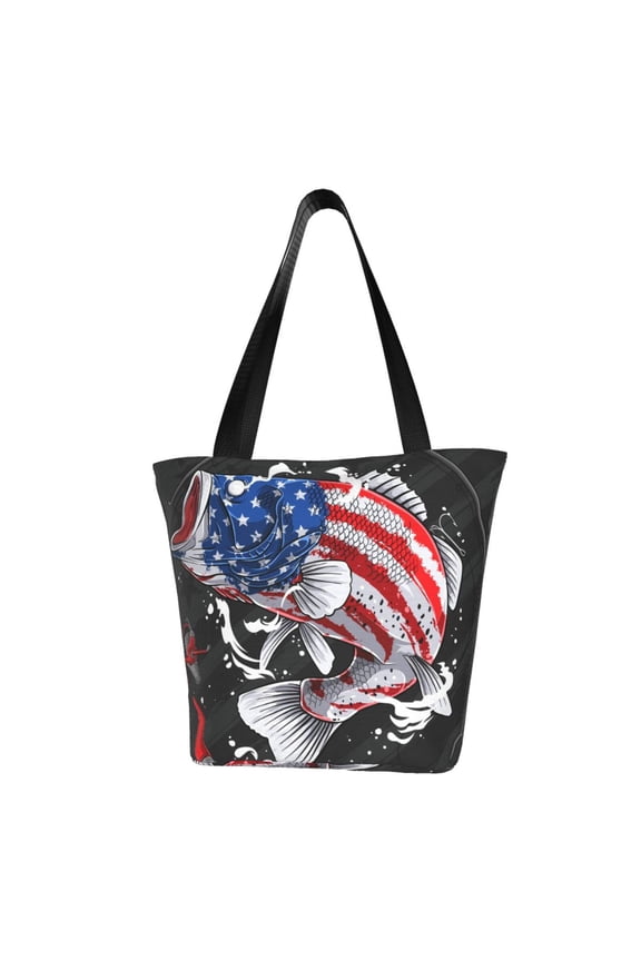 Largemouth Bass Fish in USA Print Tote Bag for Women,Shoulder Bag with Zipper Casual Tote's Handbag Big Capacity Shoulder Bag with Inner Pocket Fit for Shopping,Office,Travel
