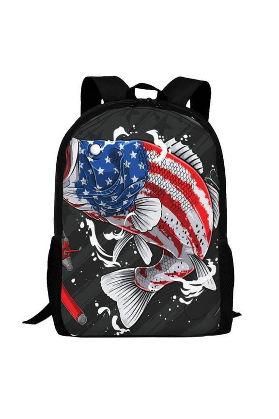 Largemouth Bass Fish in USA Pattern Carry on Backpack,16.5x12.5x5.5 Personal Item Bag Carry On Backpack Water Resistant Lightweight Daypack