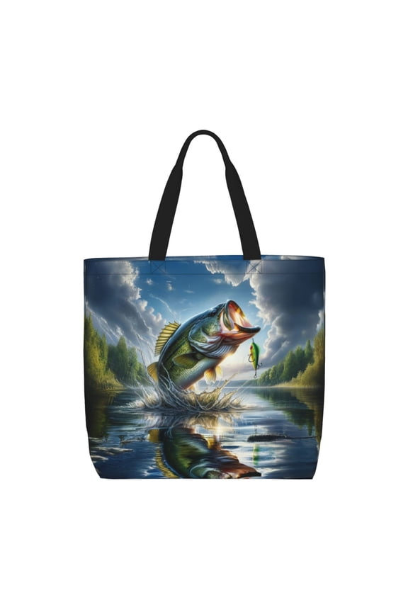 Largemouth Bass Jumping Out of The Water Pattern Tote Bag for Women,Large Capacity Tote Bag with Zipper Casual Shoulder Handbags Shopping Bag
