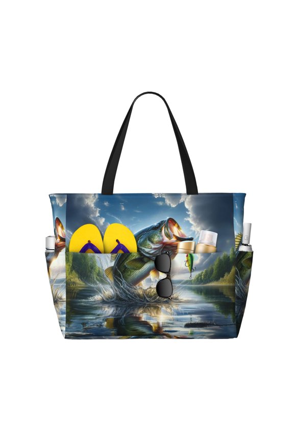 Largemouth Bass Jumping Out of The Water Pattern Beach Bag for Women - Large Beach Tote Bag Waterproof Sandproof Swim Pool Bag Everyday Bag Handbags with Zipper