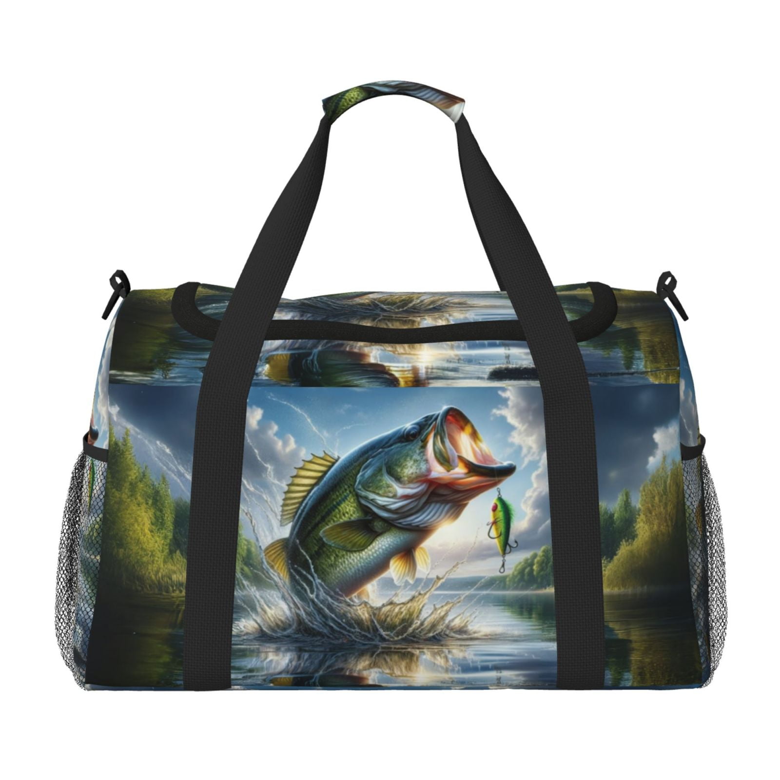 Defioc Largemouth Bass Jumping Out of The Water Print Hand Travel Bag - Foldable Travel Duffel Bags for Men Women -Sport Gym Bag - Overnight Travel Duffel Bag - Adjustable Shoulder Strap
