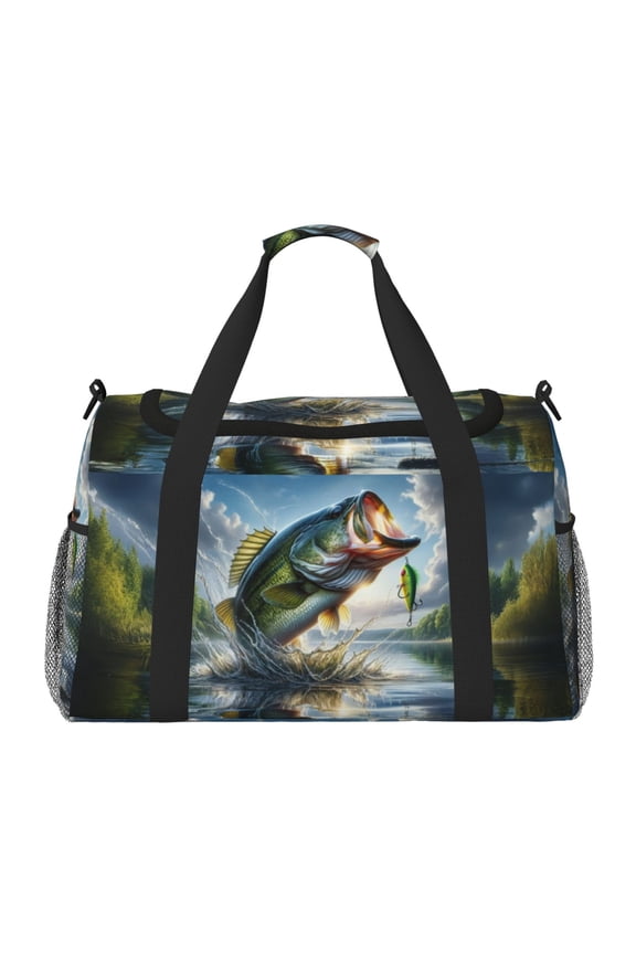 Largemouth Bass Jumping Out of The Water Print Hand Travel Bag - Foldable Travel Duffel Bags for Men Women -Sport Gym Bag - Overnight Travel Duffel Bag - Adjustable Shoulder Strap