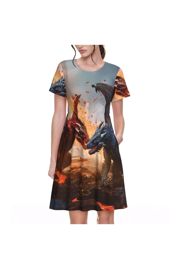 Lava Dragon Pattern Womens Summer Dresses Short Sleeve Sundress 2025 Beach Vacation Dresses with Pockets -3X-Large