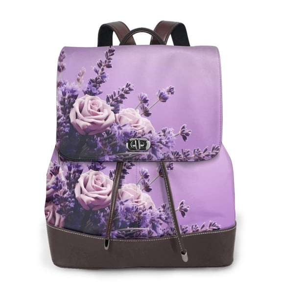 Defioc Lavender Roses Arrangement Print PU Leather Backpack,Backpack Purse for Women Fashion Multipurpose Design Handbag Ladies Bags Travel Backpack